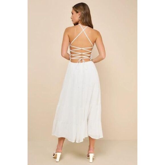 Lulus Womens Effortless Sweetness White Ruched Lace-Up Tiered Midi Dress Large - Picture 2 of 13